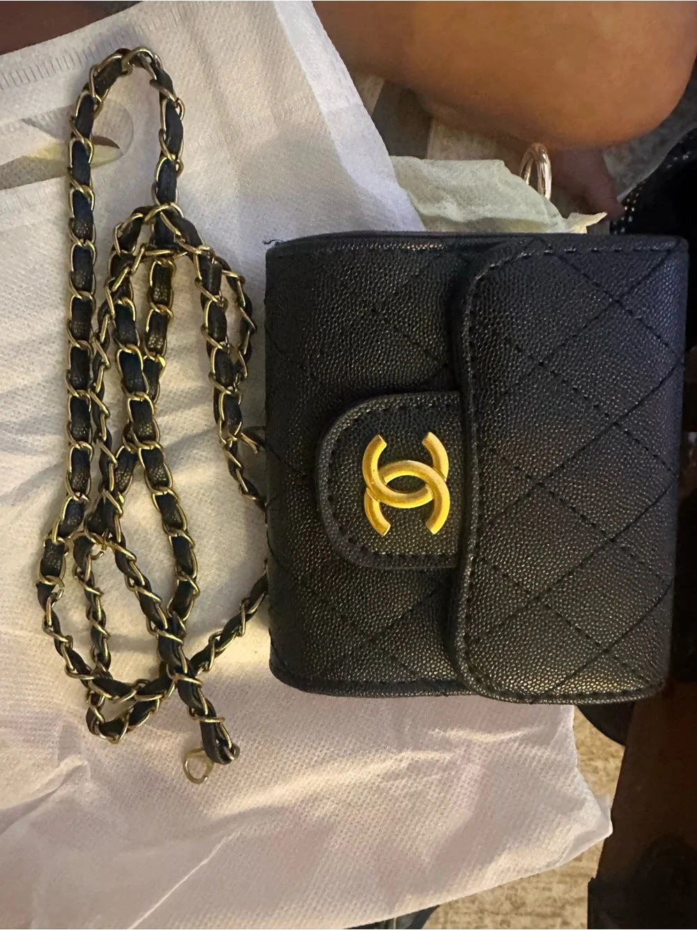 Source Unknown Black Quilted Wallet-on-Chain with Gold Hardware